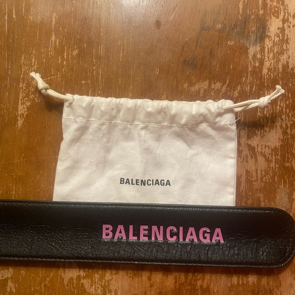 Balenciaga Black Leather Bracelet with Pink Logo